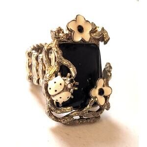 Ladybug Flowers Black Cream Cabachon Stretch Ring Size 6 7 8 9 10